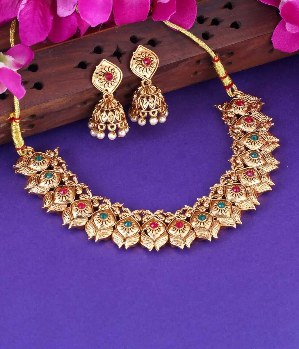 Pyarchand Jain Jeweller - Traditional Temple Design GoldTone Necklace Set with Jhumka Earrings